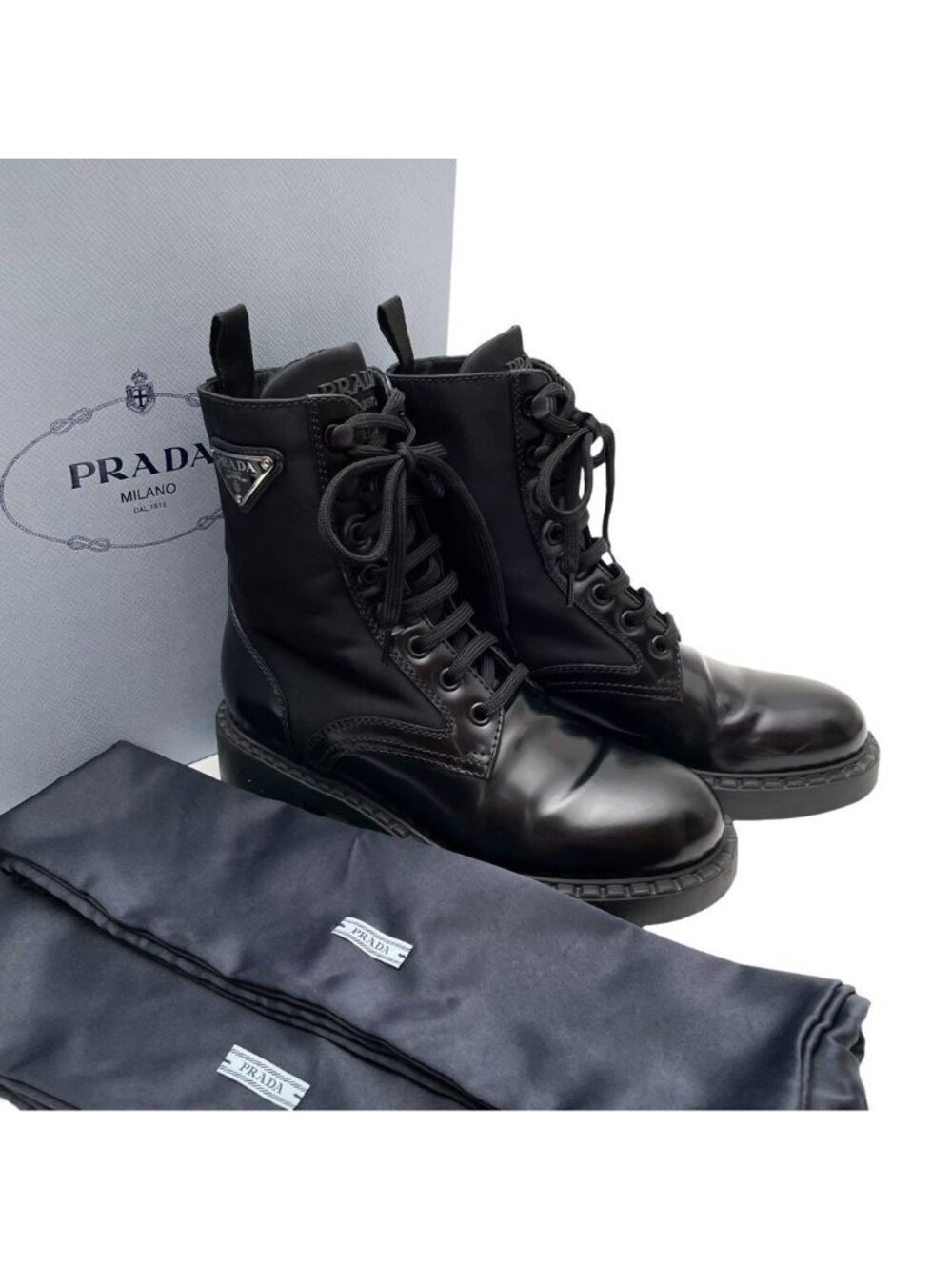 Prada Nylon Leather Triangle Logo Lace-up Combat Boots